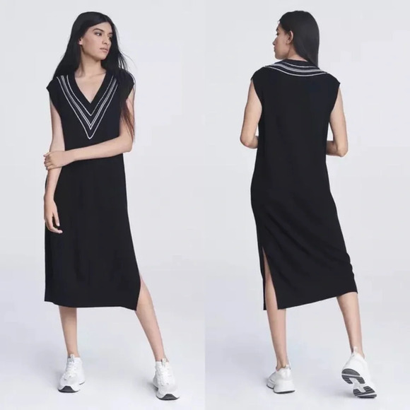 Rag & Bone V-Neck Wool Blend Midi Dress Black Stripe Casual Women’s XS - Picture 1 of 10